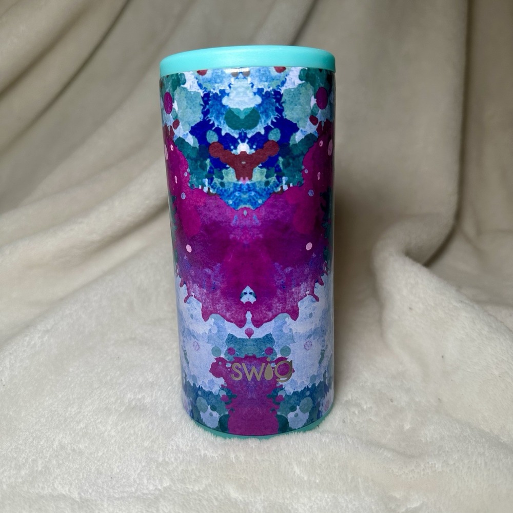 Swig Life Skinny Can Cooler Purple Blue Watercolor 12oz Teal Lid